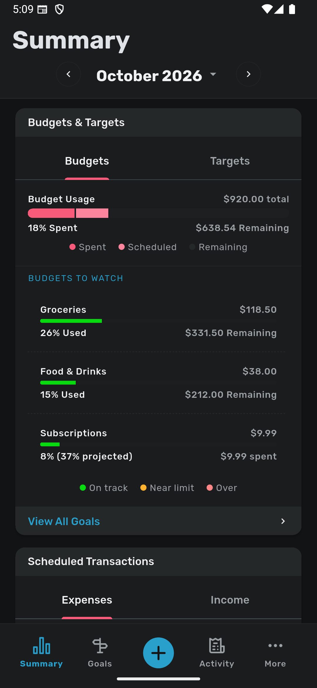 Savvy Expense Pro — Summary Budgets and Targets