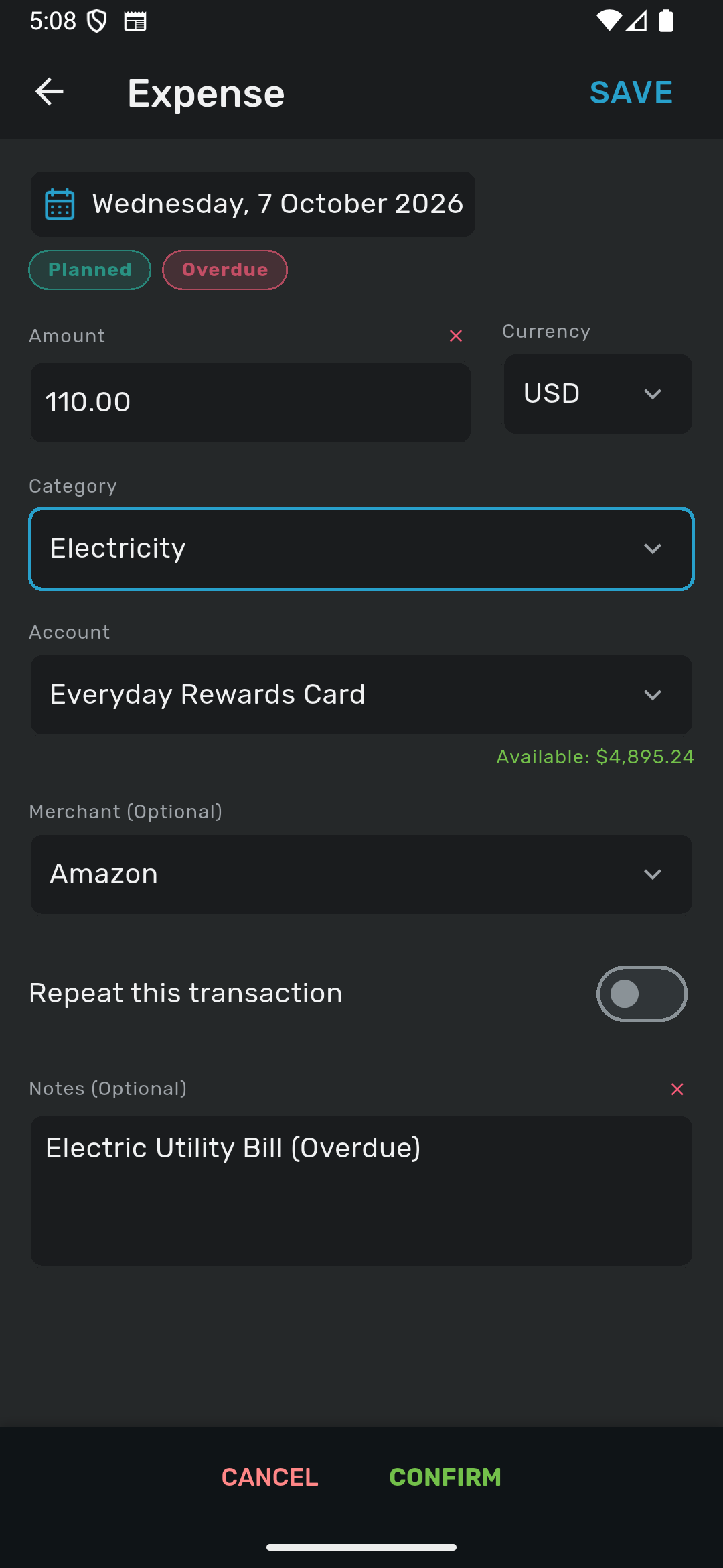 Savvy Expense Pro planned transactions screen on iPhone