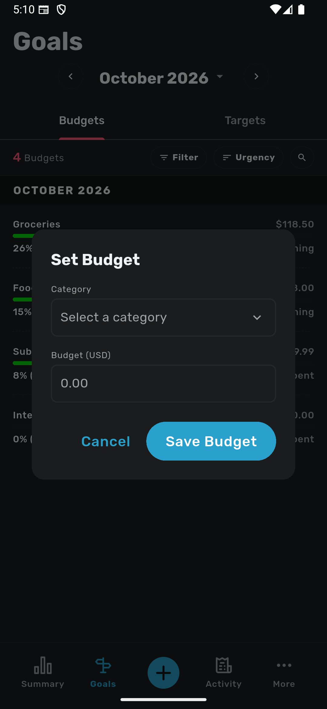 Savvy Expense Pro goal setting screen on iPhone